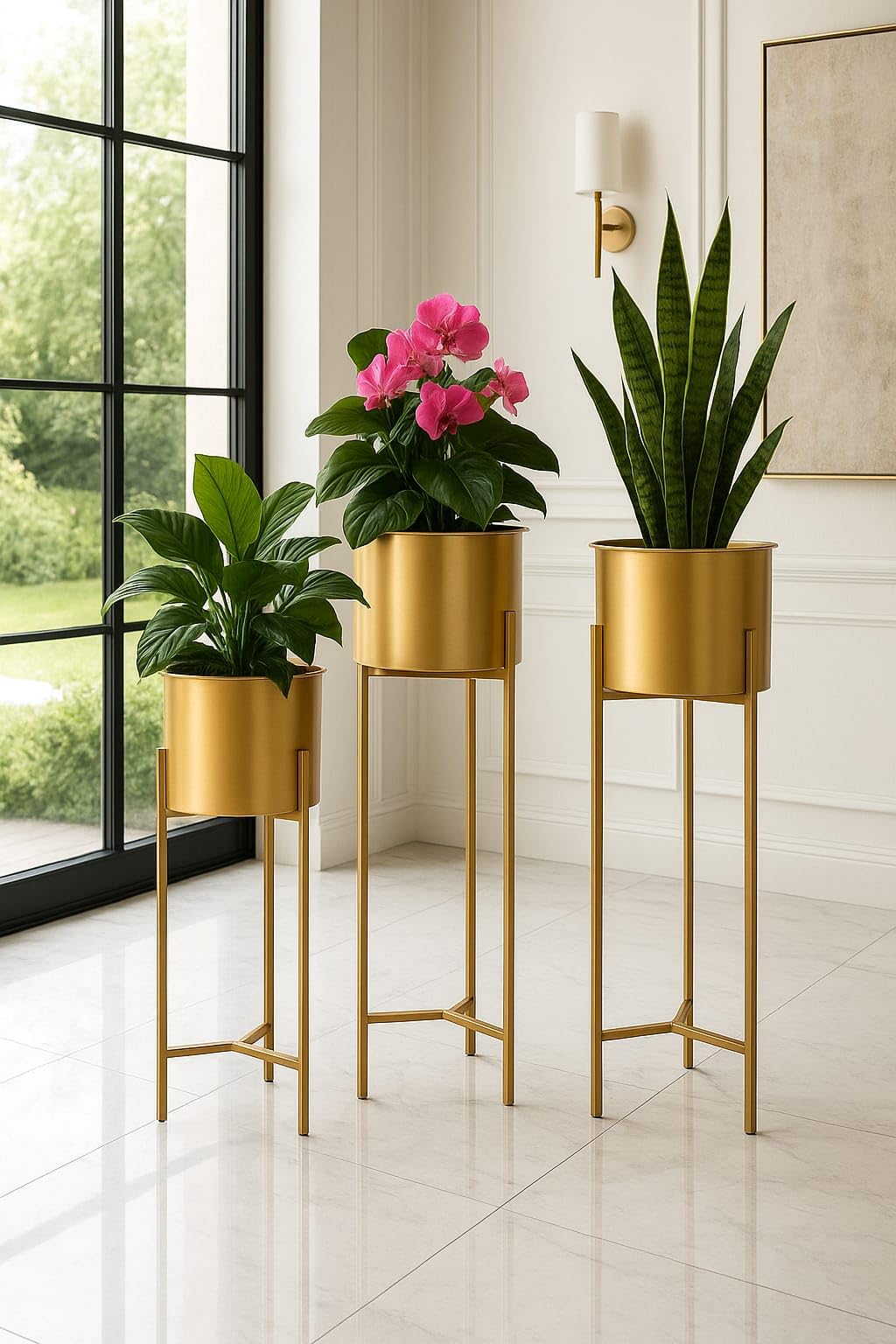 A.M.METAL WORKS Modern Metal Floor Flower Stands Planter for Living Room Bedroom Display Plant Stand Tall Indoor Plant Stand with Planter Pot -Set of 3 gold