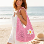 Kawn Crochet Mesh Beach Tote Bag for Women with Flower Brooch | Cotton Linen Knitted Shoulder Bag | Lightweight Boho Summer Handbag for Travel, Shopping & Vacation - (Pink)
