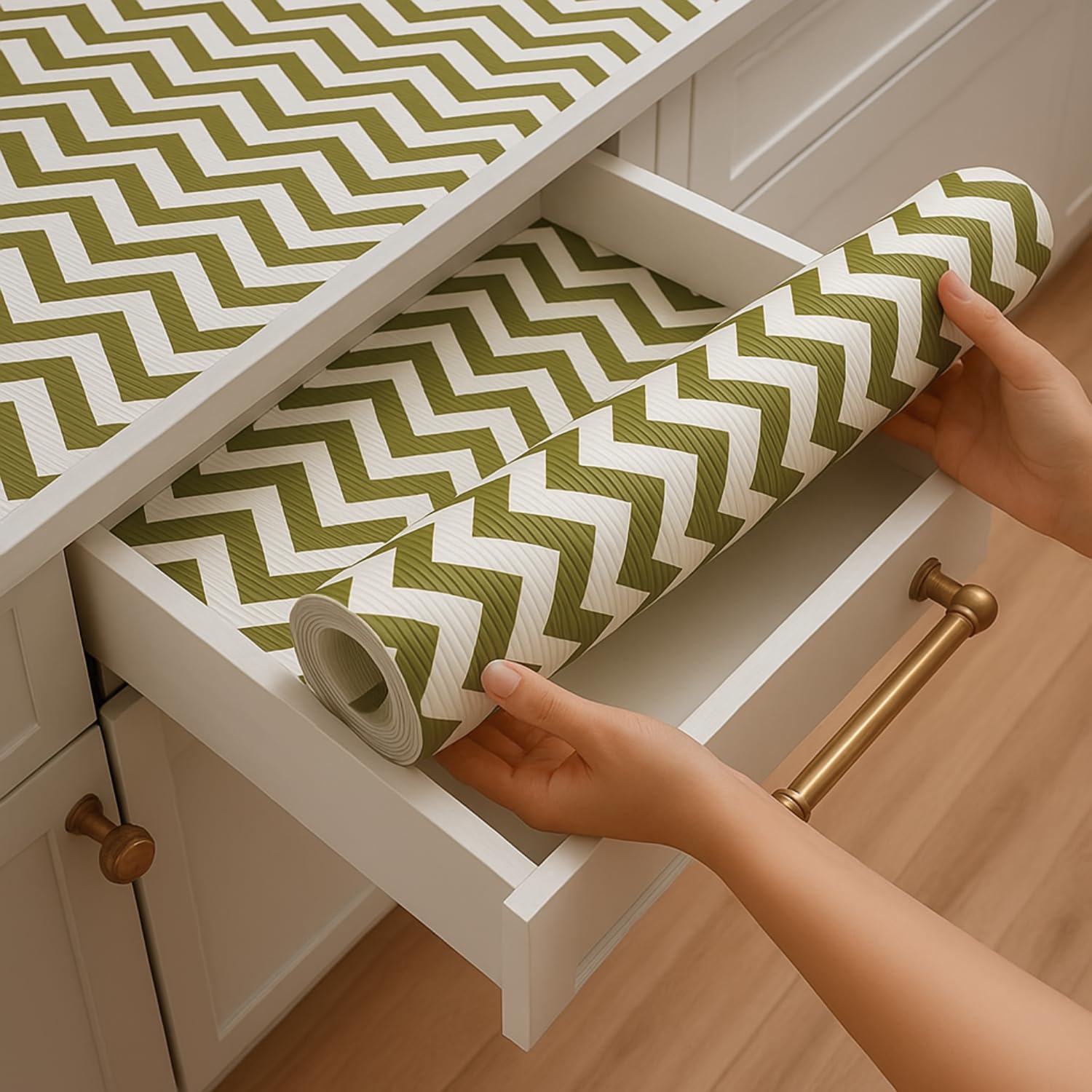 Waterproof Shelf Liners for Shelves - Non Adhesive Kitchen Shelf Liners, Drawer Mats & Cupboard Sheets - Shelf Mats for Kitchen Cabinets (Chevron Pattern, 45cm x 300cm) Kafalo
