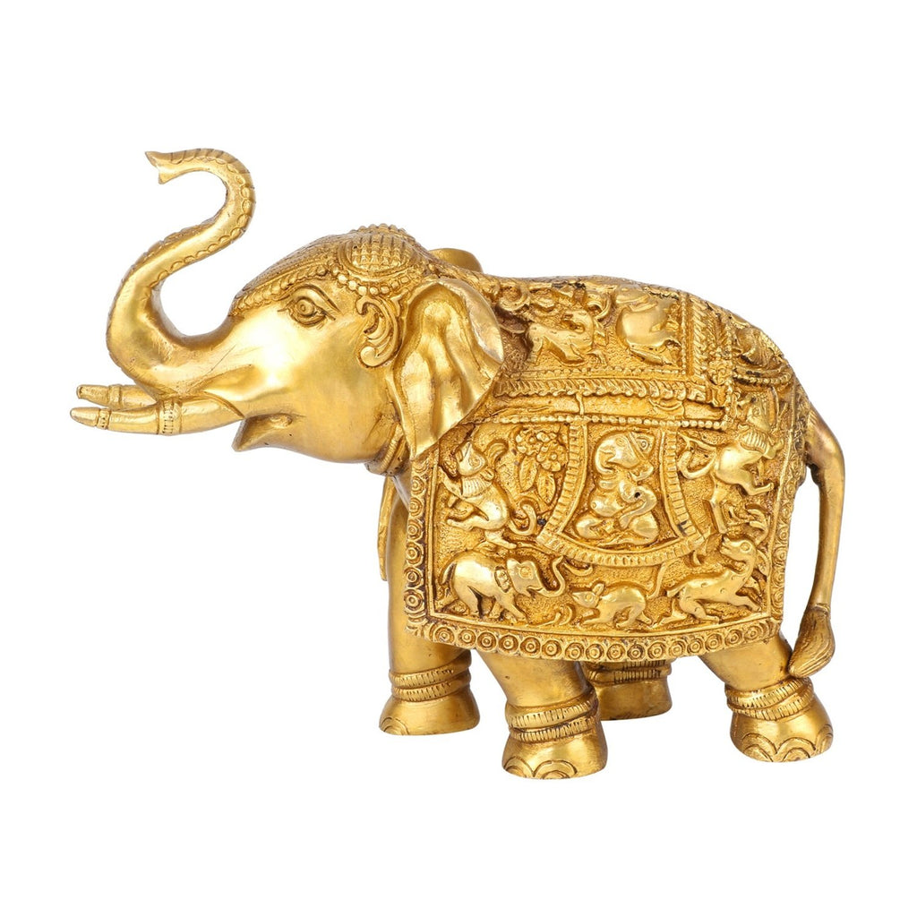 ARTVARKO Brass Elephant Pair (2 Pcs) Ganesha Carving on Elephant Lucky Figurine- Home Décor Gifts Item Gold Color (7 H,8.5 L, 6 Kg.)