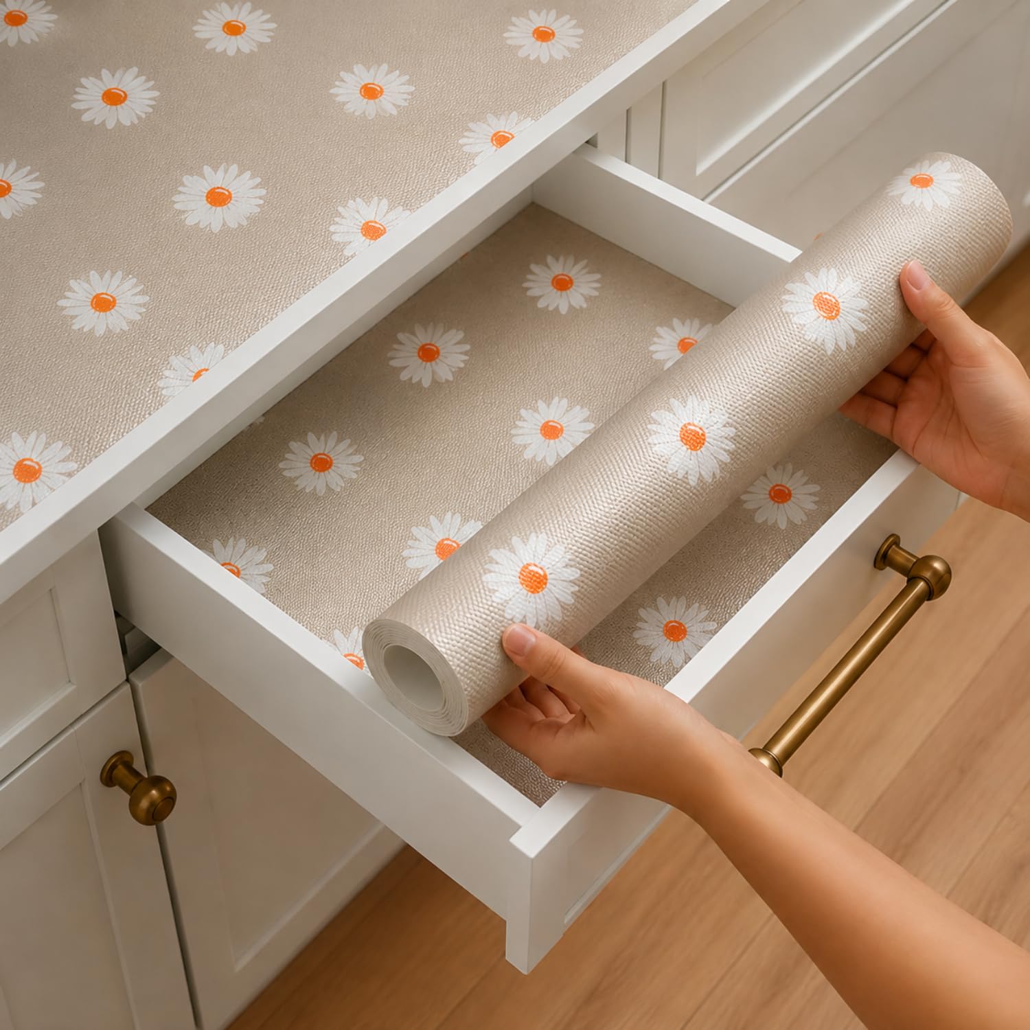 Anti-Slip Waterproof Kitchen Drawer Liner | Non-Adhesive Shelf & Cabinet Mats | Anti-Skid Liner for Fridge, Cupboard, and Wardrobe | 45 cm x 300 cm (Diamond Texture, White Flower)