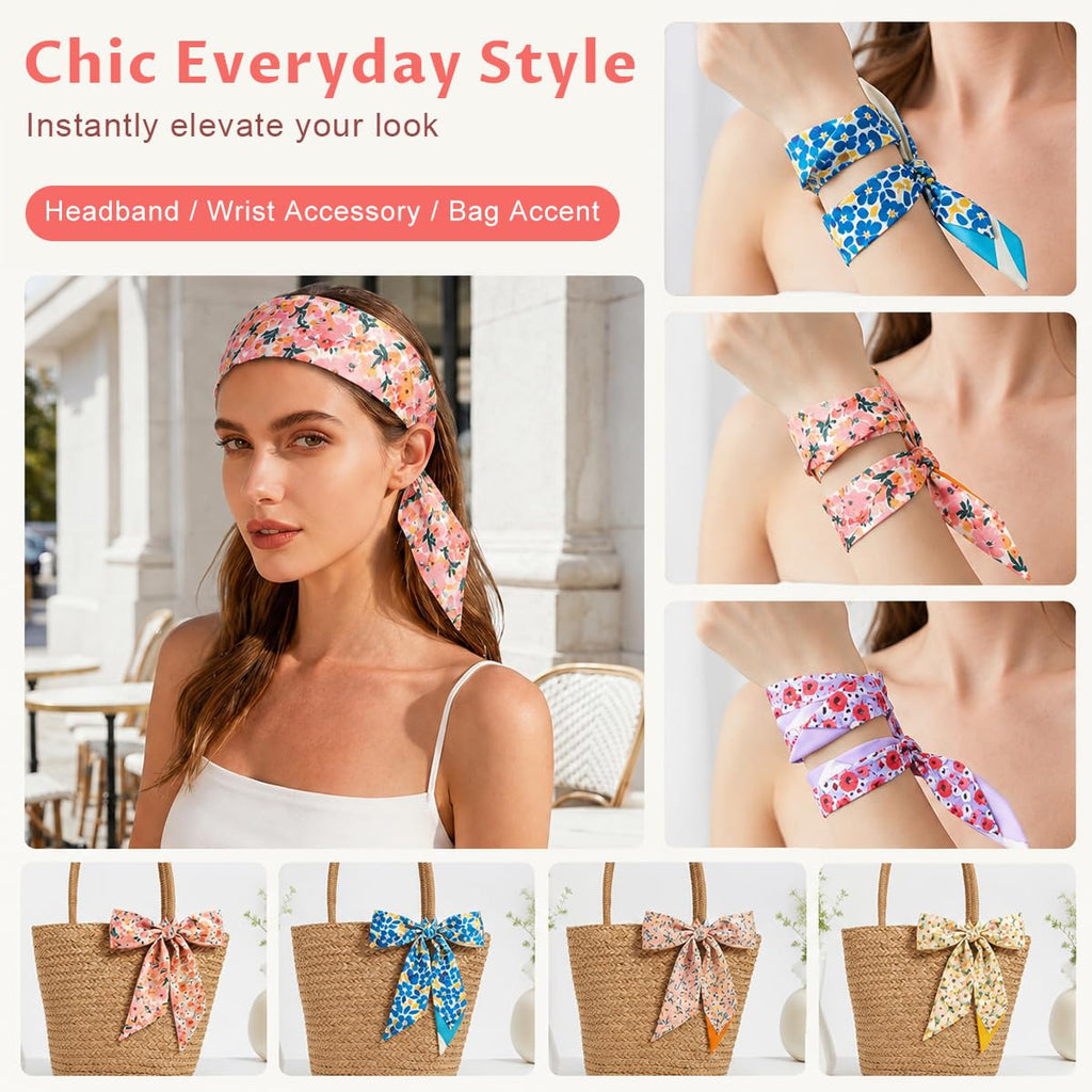 SANNIDHI 6pcs Satin Silk Feel Scarf for Hair, Floral Print Neck Wrist Scarf