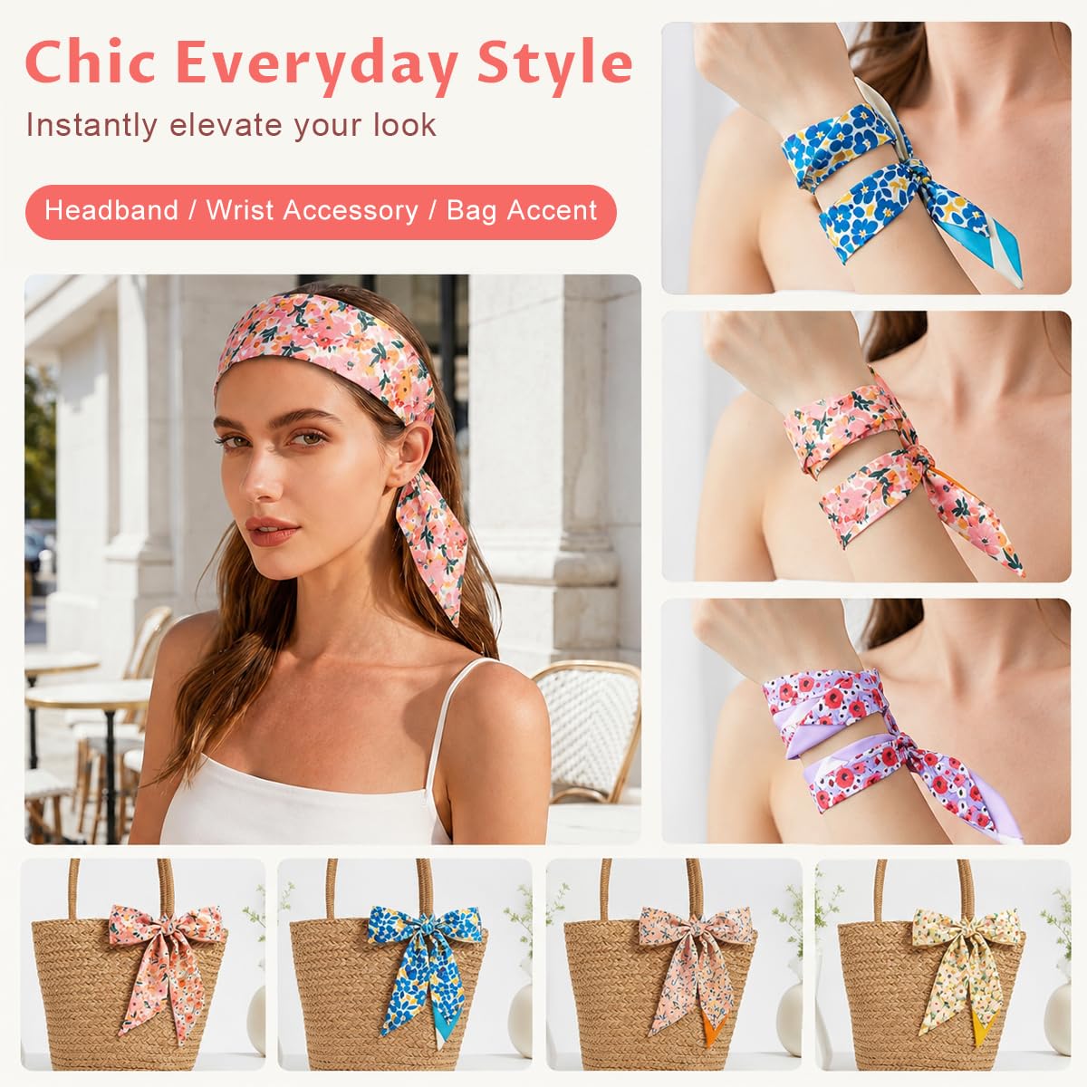 SANNIDHI 6pcs Satin Silk Feel Scarf for Hair, Floral Print Neck Wrist Scarf
