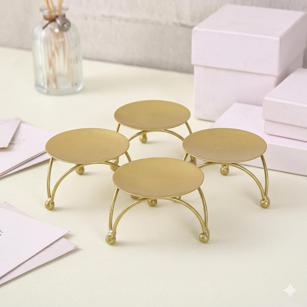 theindianhandicrafts | Iron Plate Candle Holder |Gold Finish | 3 Inch Diameter | for Tealight and Pillar Candles | Decorative Multipurpose Stand | Pack of 4 Pcs