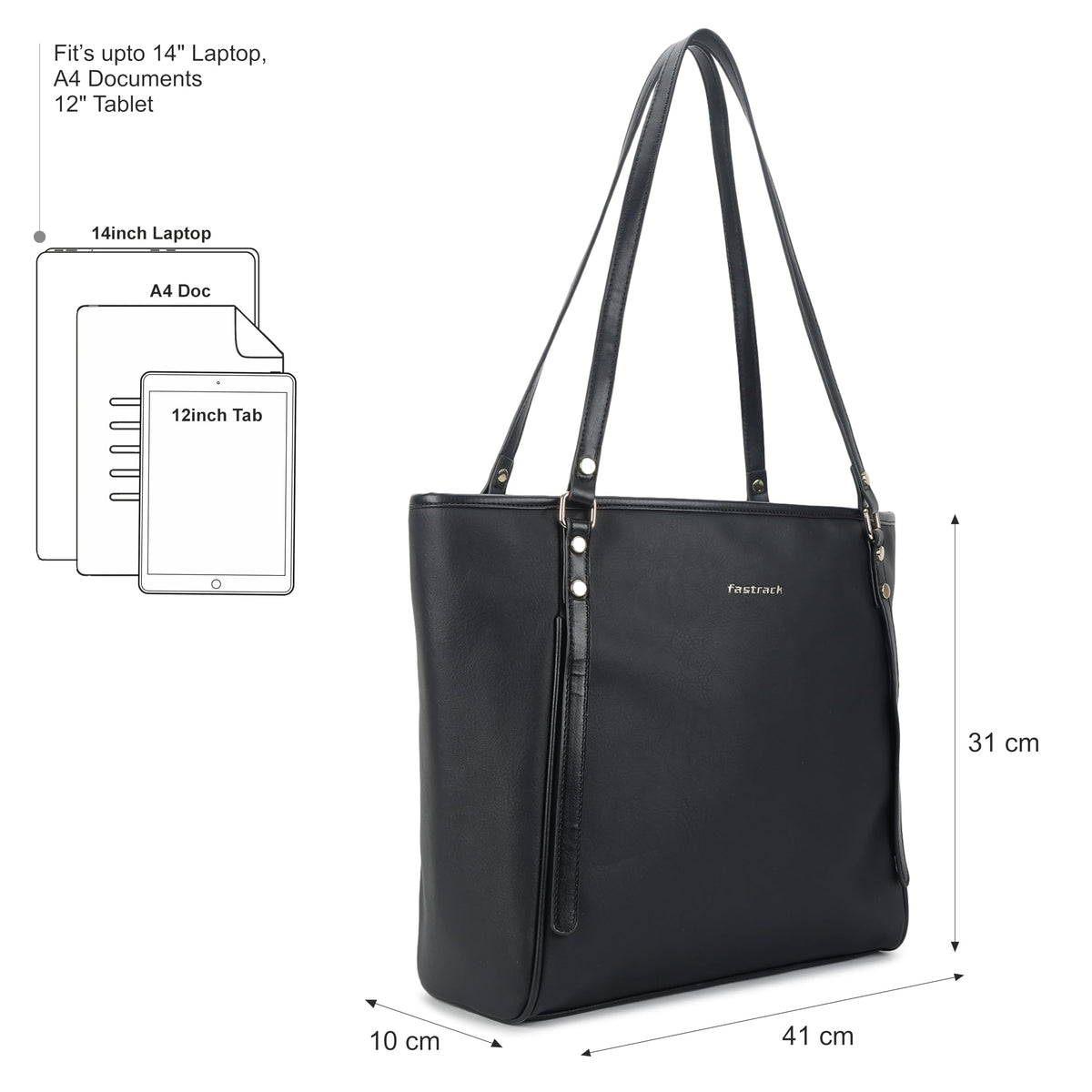Fastrack Casual Laptop Tote Bag For Girls, Large Size With A Zipper Closure And Padded Laptop Compartment, Compatible With Laptops Up To 14 Inches, Double Handle Bag, Black