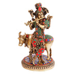 Artvarko Brass Krishna with Cow Playing Flute Idol Statue Krishan Ji Murti Temple Puja Office Home Décor Showpiece Gift 10 Inch.
