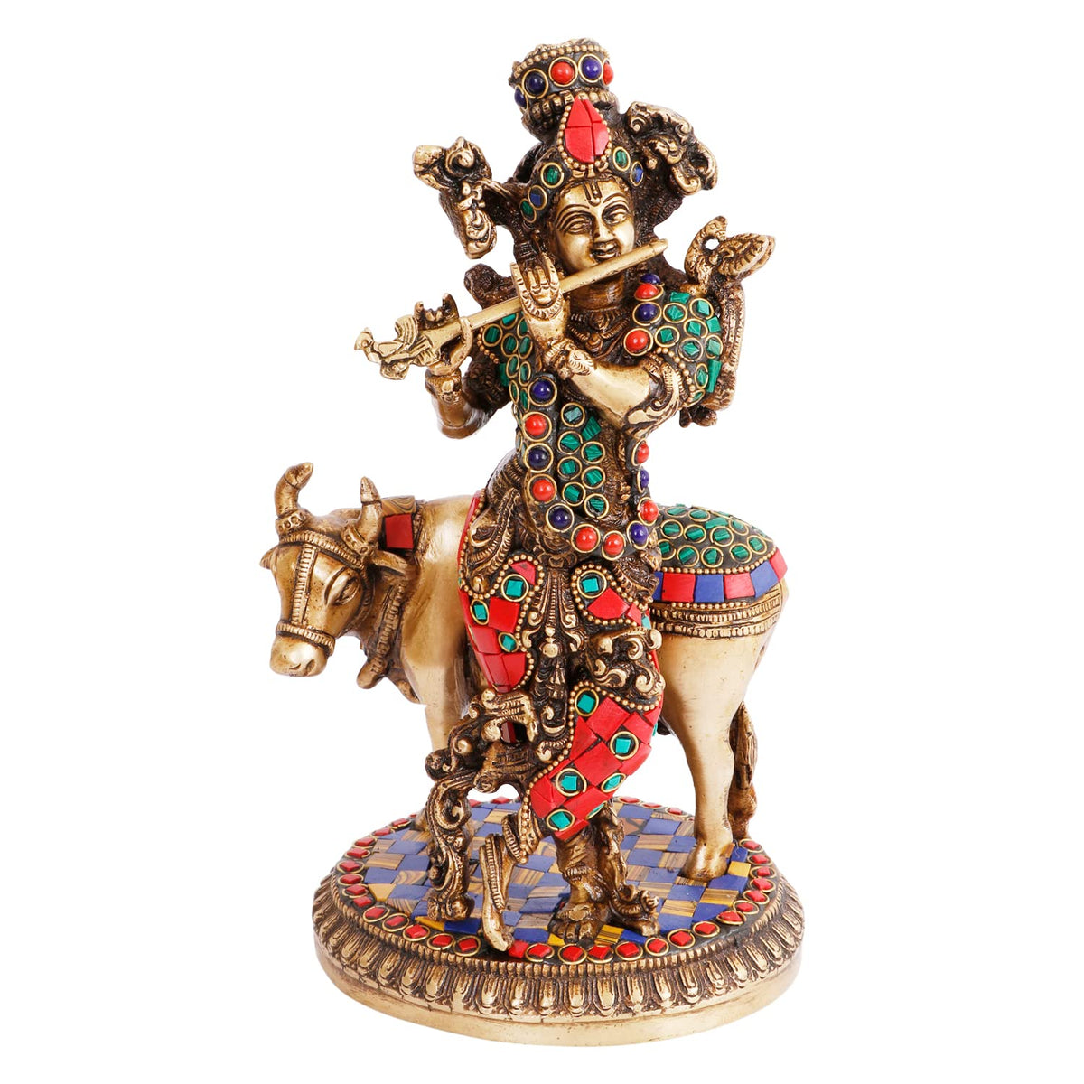 Artvarko Brass Krishna with Cow Playing Flute Idol Statue Krishan Ji Murti Temple Puja Office Home Décor Showpiece Gift 10 Inch.