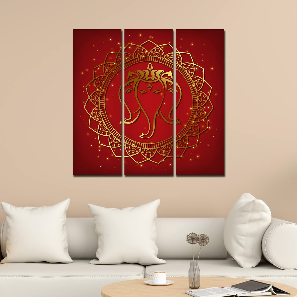 VIBECRAFTS 3 Pieces Beautiful Ganesha Face Canvas Wall Painting Fitted With Wooden Frame For Home | Office | Living Room | Gifts (PTVC3Pcs1_9563)
