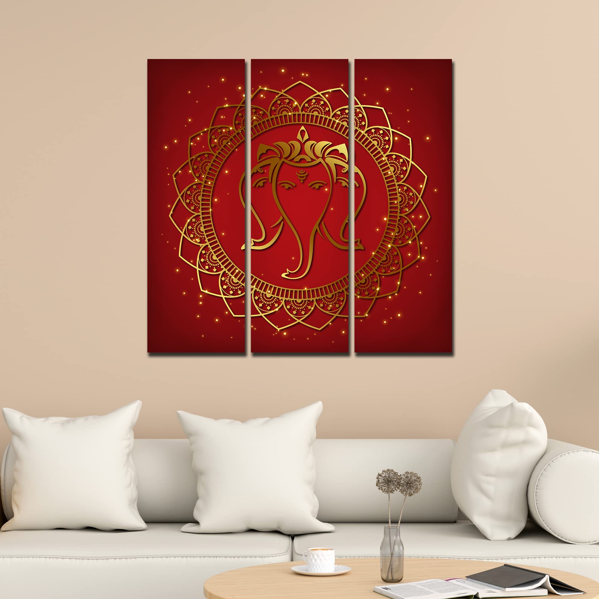 VIBECRAFTS 3 Pieces Beautiful Ganesha Face Canvas Wall Painting Fitted With Wooden Frame For Home | Office | Living Room | Gifts (PTVC3Pcs1_9563)
