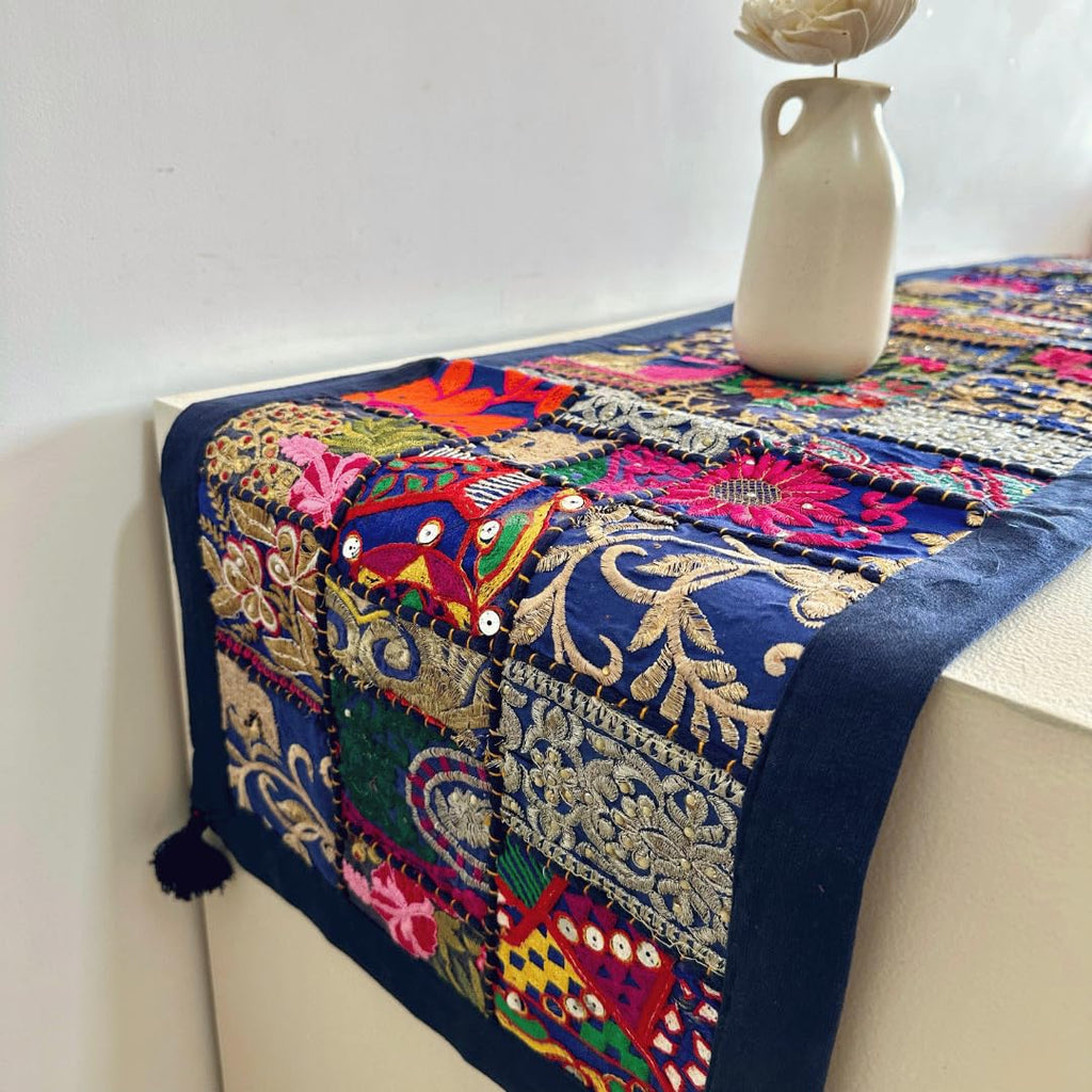 ATRANGI STUDIO Patchwork Table Runner | Traditional Rajasthani Khambadiya Craft | Handmade Dining Table Runner for Home Decor | Colourful Dining Setup | 16x72 Inch, Blue