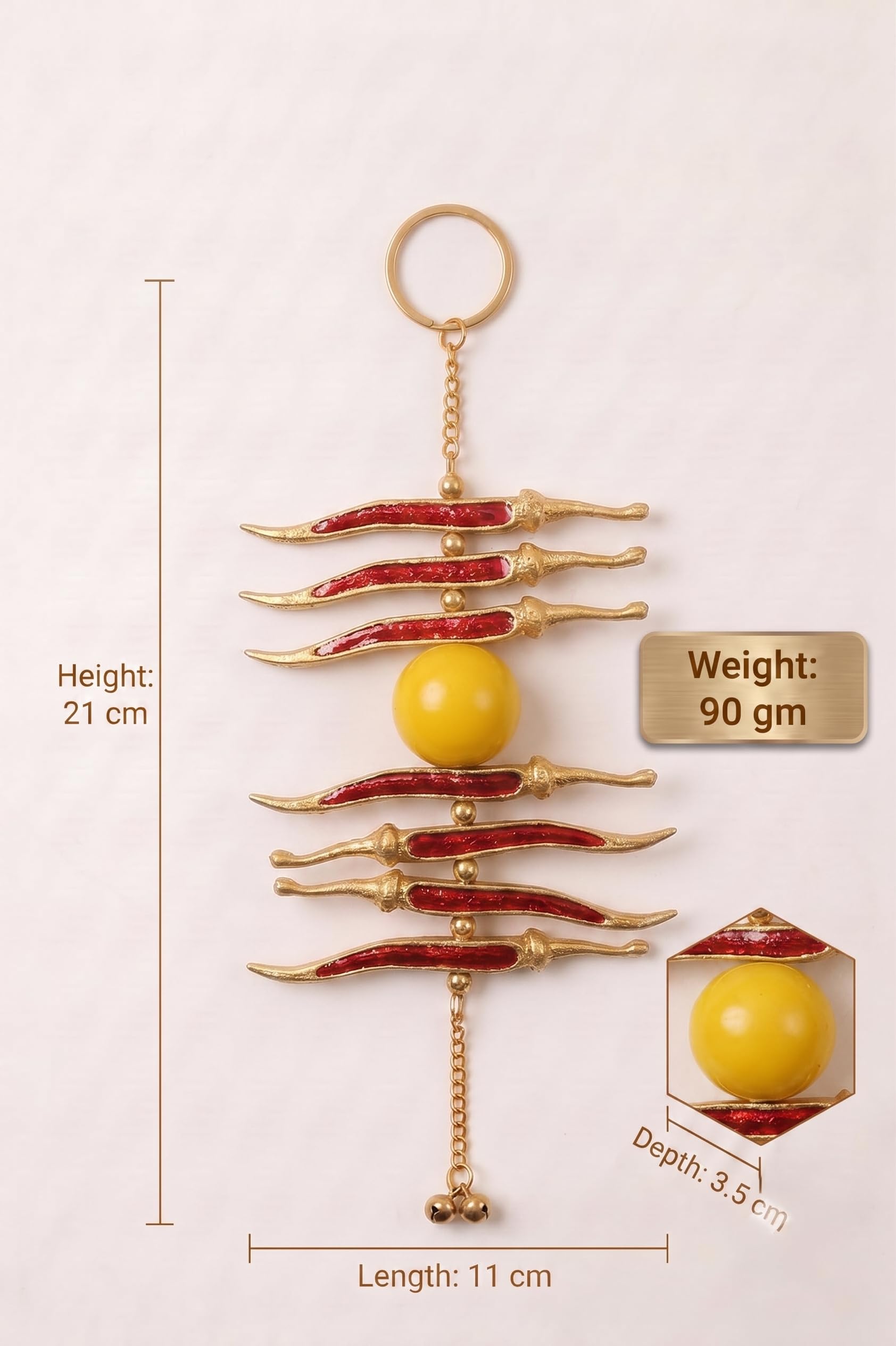 KridayKraft Metal Nimbu Mirchi Good Luck Hanging - Gold Plated Multicolour Lemon and Chili Decorative Showpiece for Entrance, Vastu, and Nazar Battu.