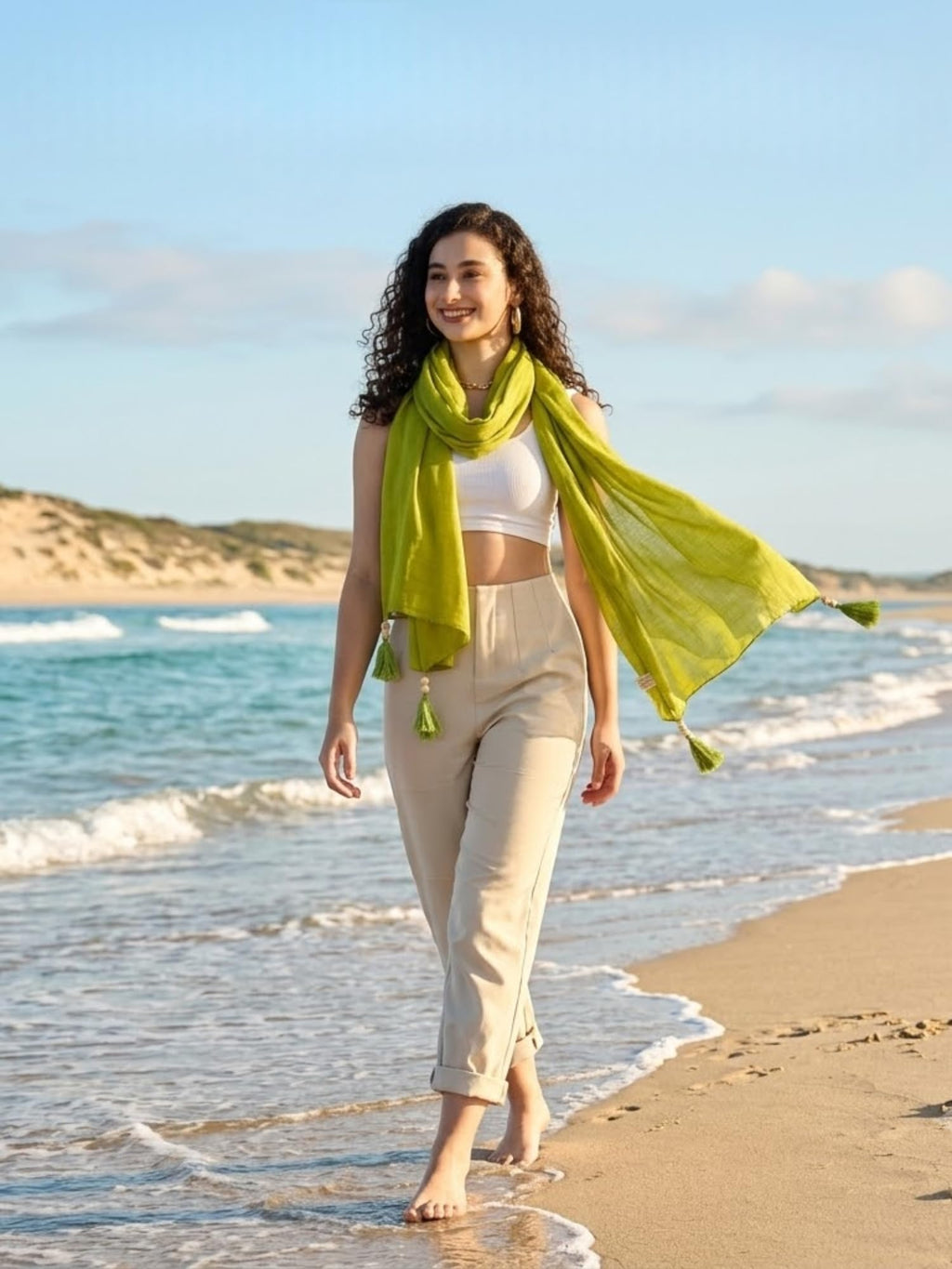 GALE GIRLS Cotton Mulmul Scarf|Scarf for Women|Mulmul Stole|Soft Beach Wrap|Tassel Design|Easily fits 180 * 50cm|Green