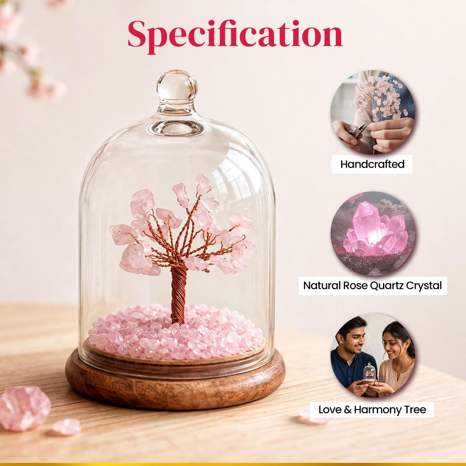 BhagyaG Rose Quartz Crystal Tree with Glass Dome & Wooden Base | Natural Pink Rose Quartz Gemstone Tree Showpiece for Home, Office & Décor | Love & Harmony Gift