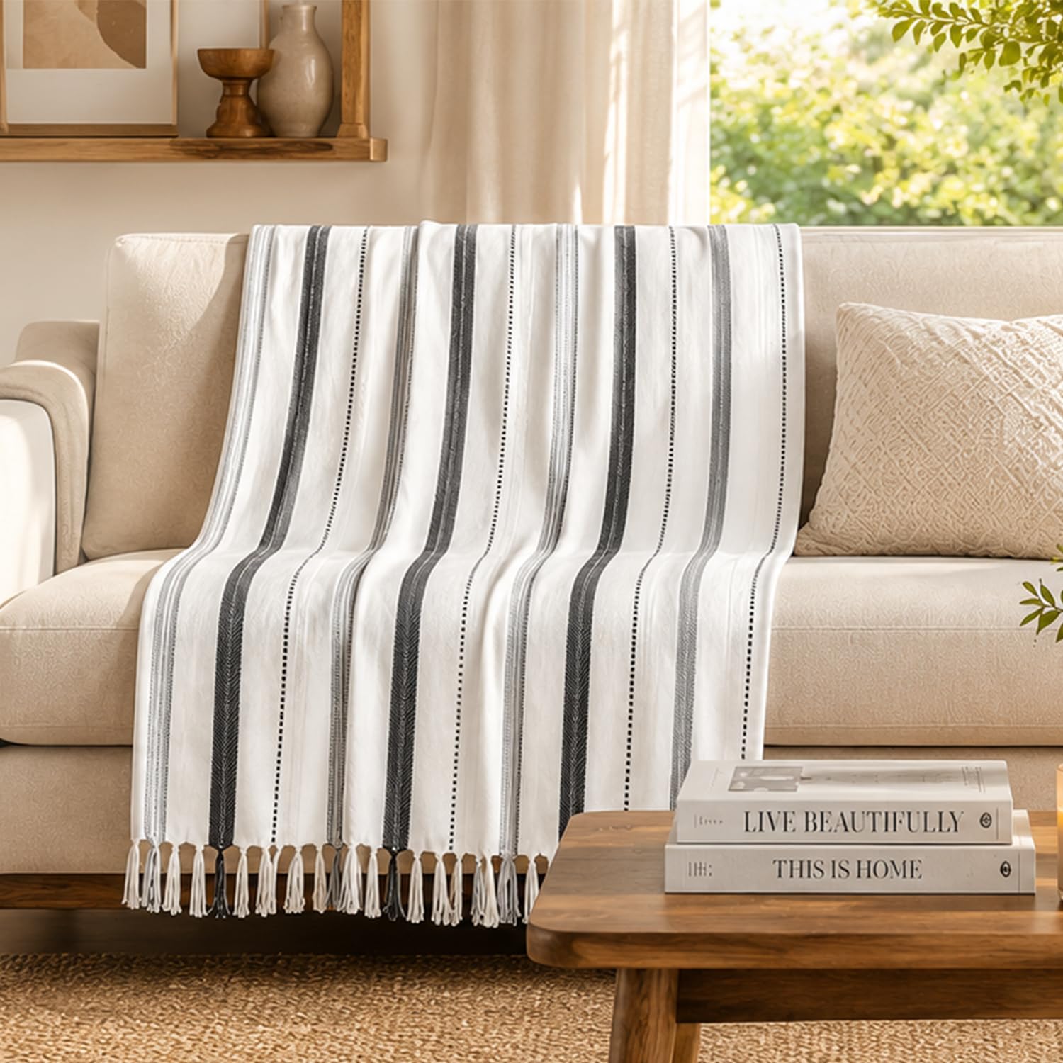 Furnofy 100% Cotton Sofa Throw | Handmade Throw - 50x60 Inches (Pack of 1) (White Striped) Kafalo