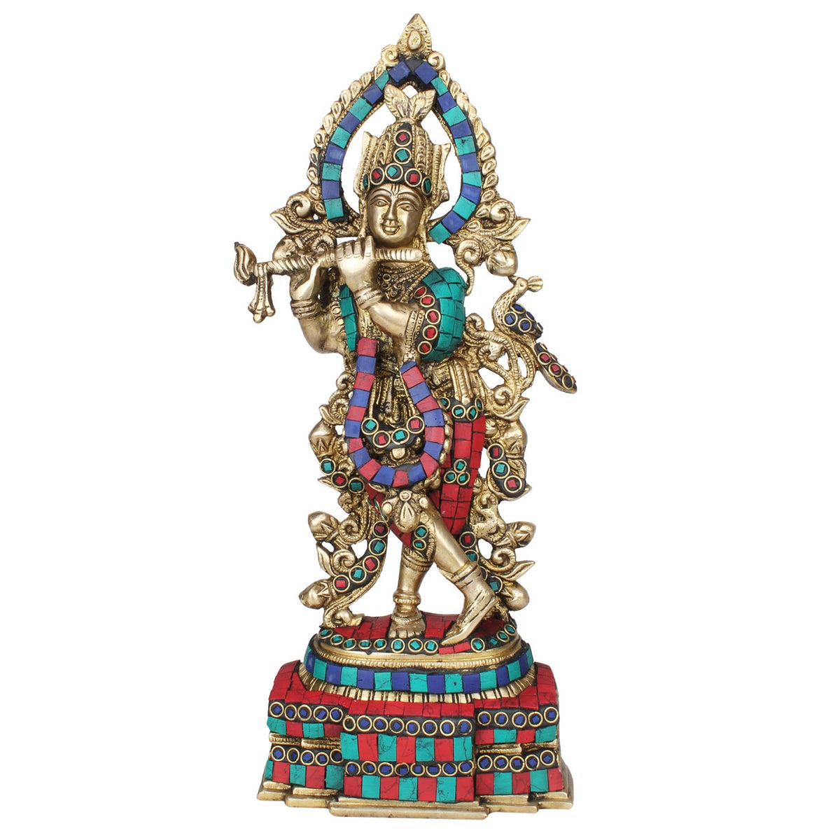 SVARUP Brass Lord Krishna Statue Krishan Playing Flute Home Decor for Living Room Pooja Gift Height 13 Inch