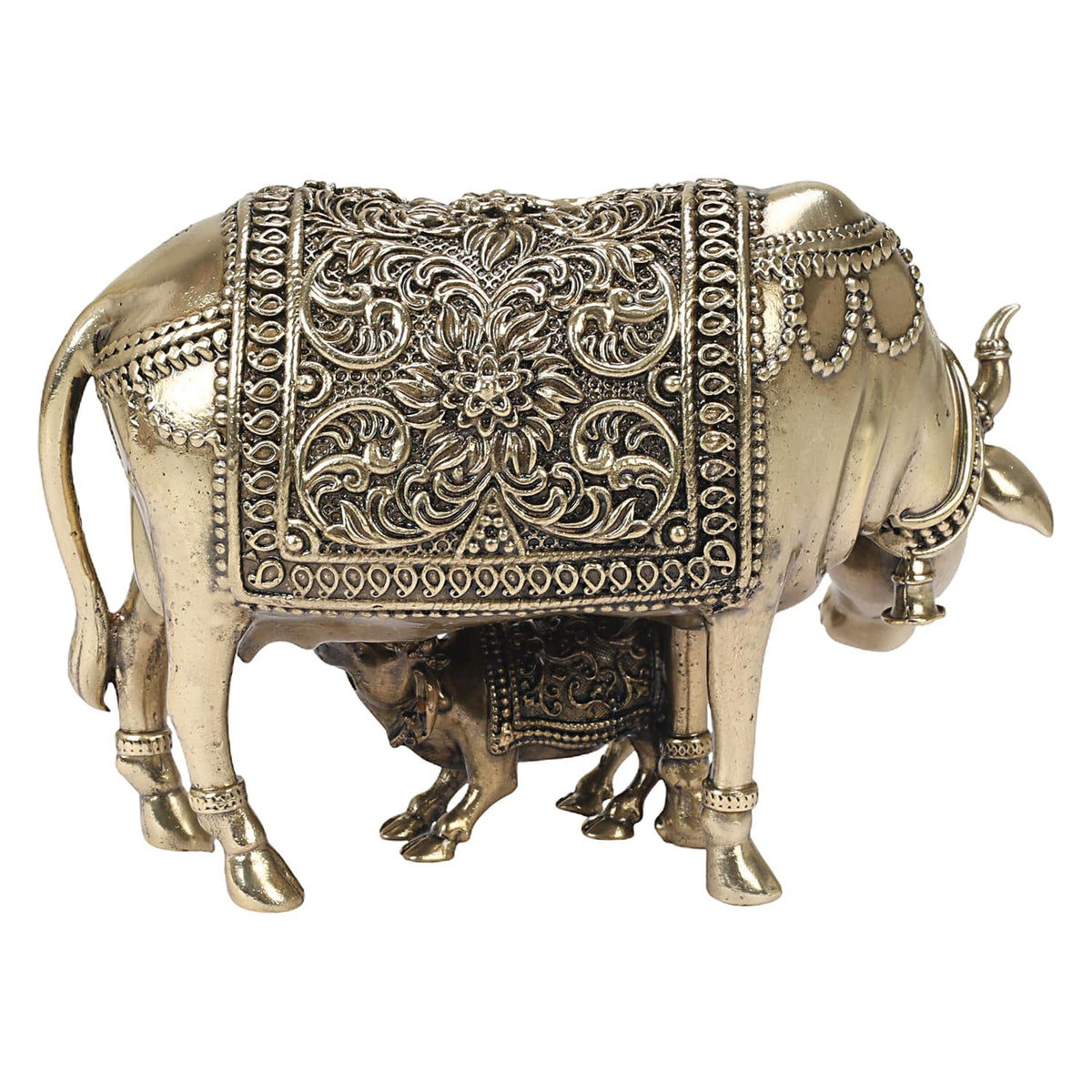 ARTVARKO Superfine Brass Kamdhenu Cow and Calf, Vastu Gau MATA Idol, Vastu Nandi Religious Showpiece, Temple Puja Home Décor 5 Inch