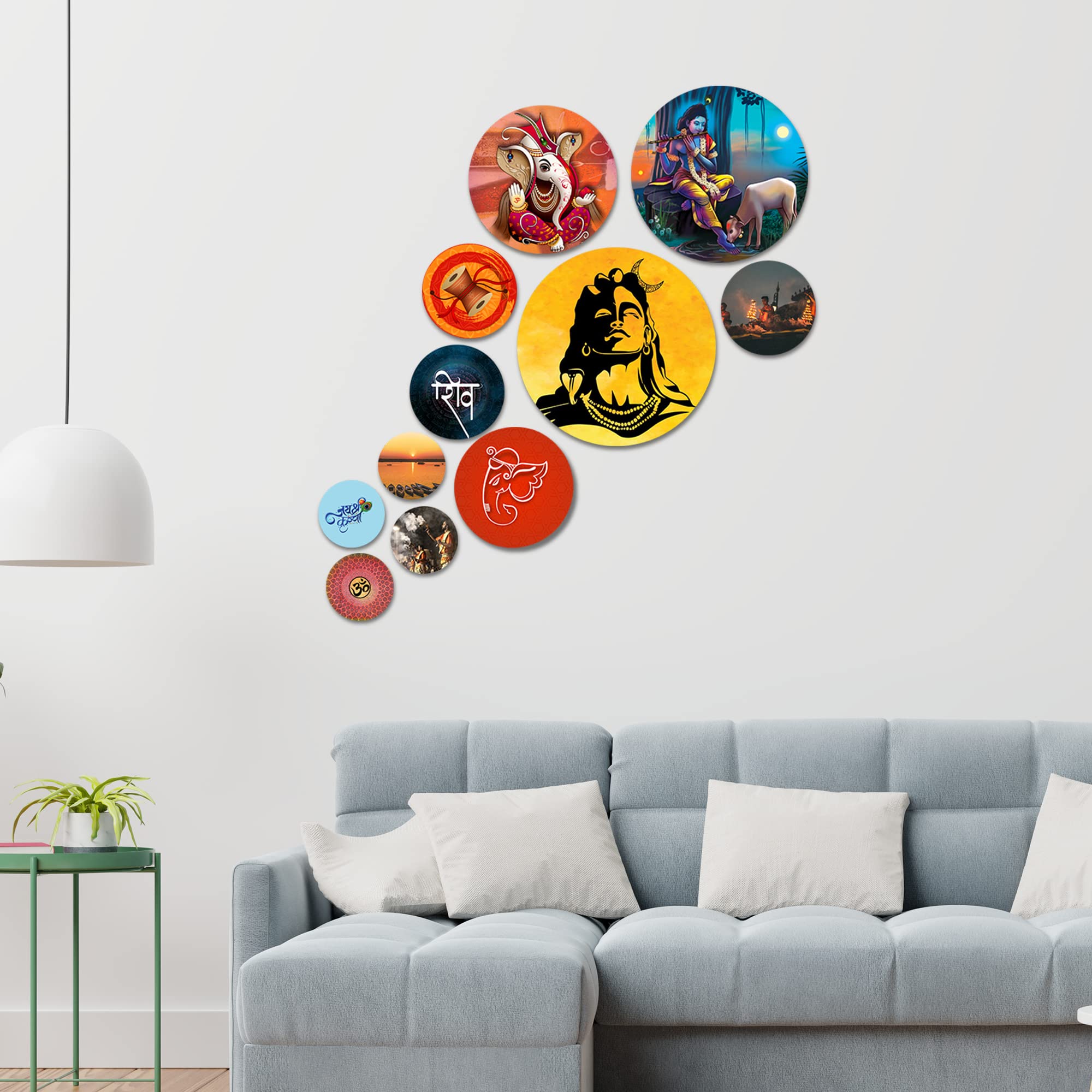 Artvibes Lord Mahadev & Shri Krishna Spiritual Hindu Round Shape MDF Wooden Wall Decor Items | Spiritual Decor Items | Wall Illustrations| Stylish Modern Decor Item | Gift Items (WPS_109N), Set of 11