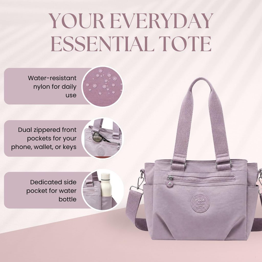 MOCA Women Nylon Tote Bag Lightweight Waterproof Handbag Large Capacity Multi Compartment Shoulder Crossbody Bag Daily Use Office Travel College Ladies Purse with Zipper (Lilac)