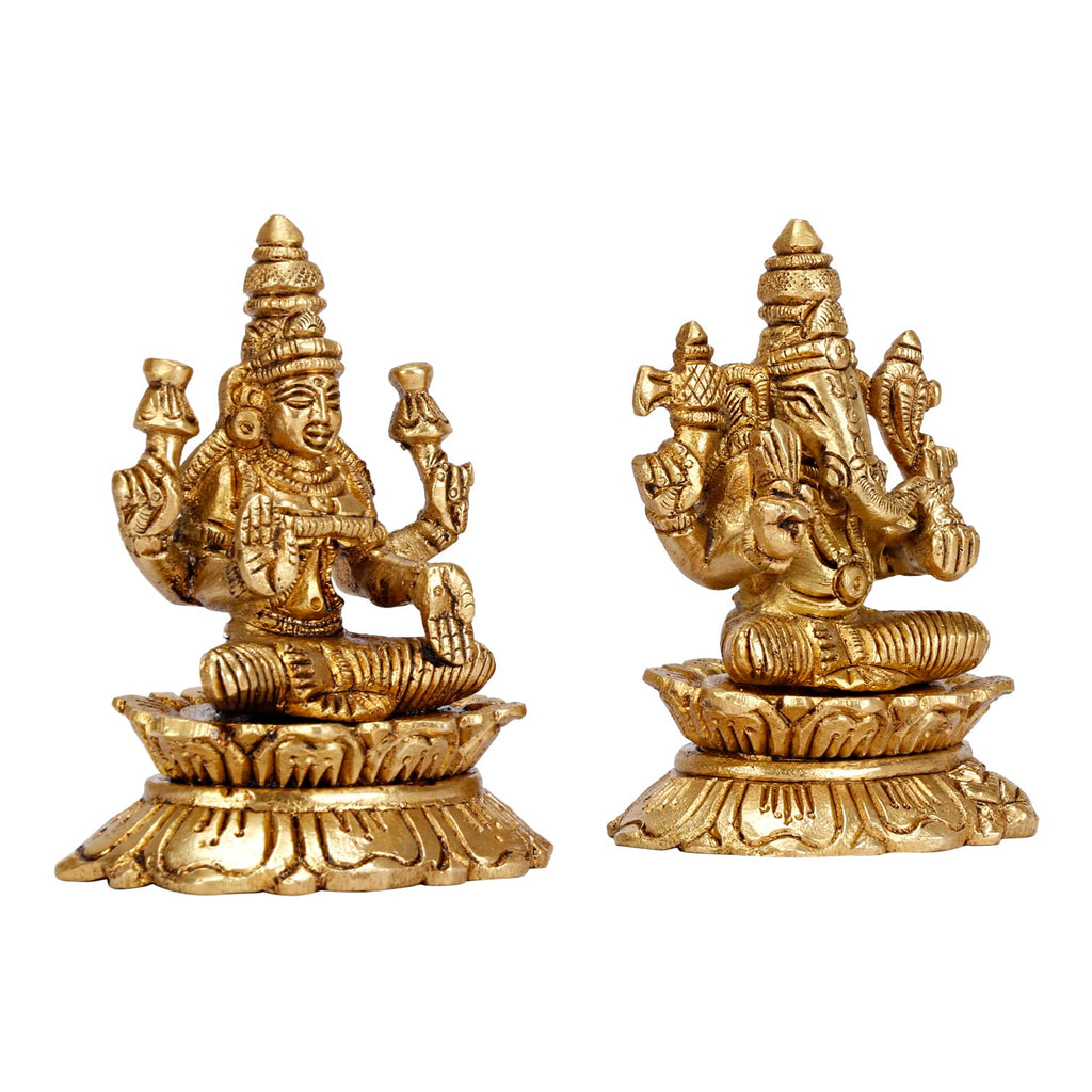 ARTVARKO Brass Lakshmi Ganesh Sitting on Lotus Luxmi Ganesha Statue Mangalkari Ganpati Laxmi Idol Murti for Puja Home Décor Showpiece Gift 3.25 Inch
