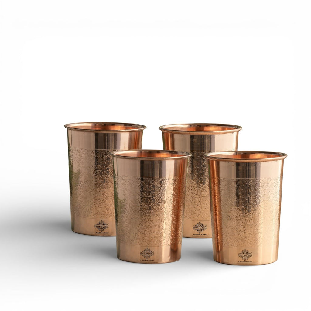 INDIAN ART VILLA Pure Copper Embossed Design Glass - 275 ML, Copper Tumbler for Water Drinking, Elegant Drinkware & Serveware, Perfect for Gifting, Home, and Festive Décor, Set of 4