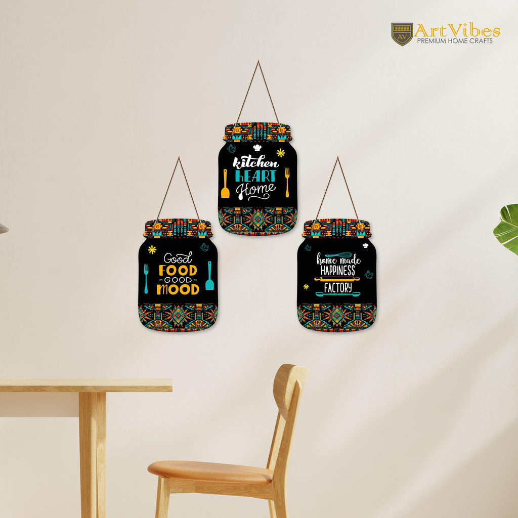 Artvibes Good Food Good Mood Quote Printed Wooden Wall Hanging for Kitchen | Cafe | Restaurant | Dining Room | Quotes Decor Item | Wall Poster | Food Quotes Decoration | Gift Items(WH_8920N), Set of 3