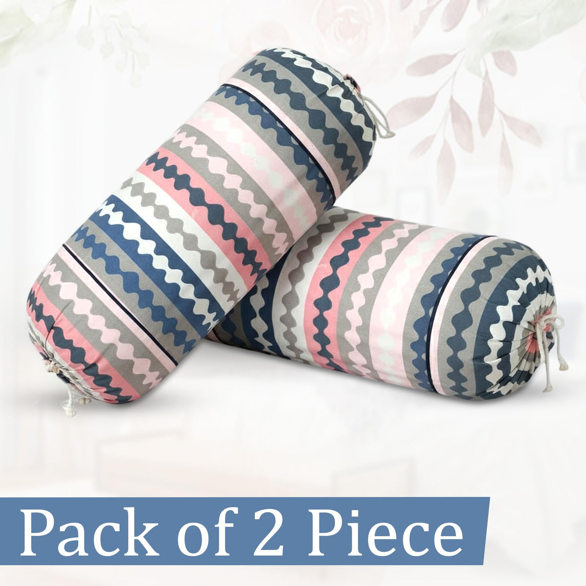 GLUN® Pack of 2 Zig Zag Multicolour Round Striped Bolster Pillow Covers, Size 16 inch x 30 inch (40 x 75 cm, Cream) Printed Polyester Silk Fabric for Living Room or Bedroom, Stylish & Modern Covers