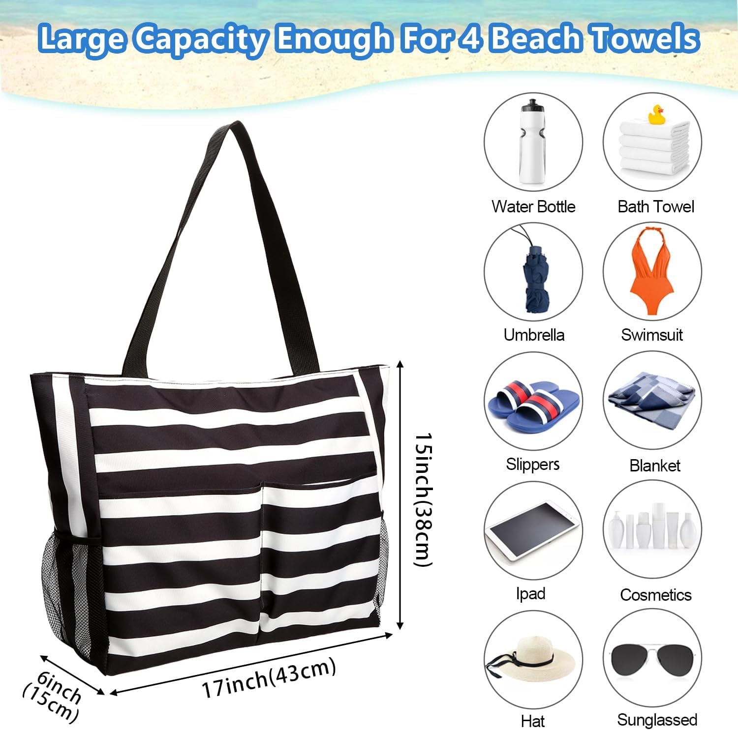 hirTa Roof Tote Bag for Teacher Women Office Girls Work Multipurpose Handbag Zipper Pocket Travel Grocery Beach Hobo Bag Waterproof Sandproof Lightweight Pool Bag(Bolt Black)
