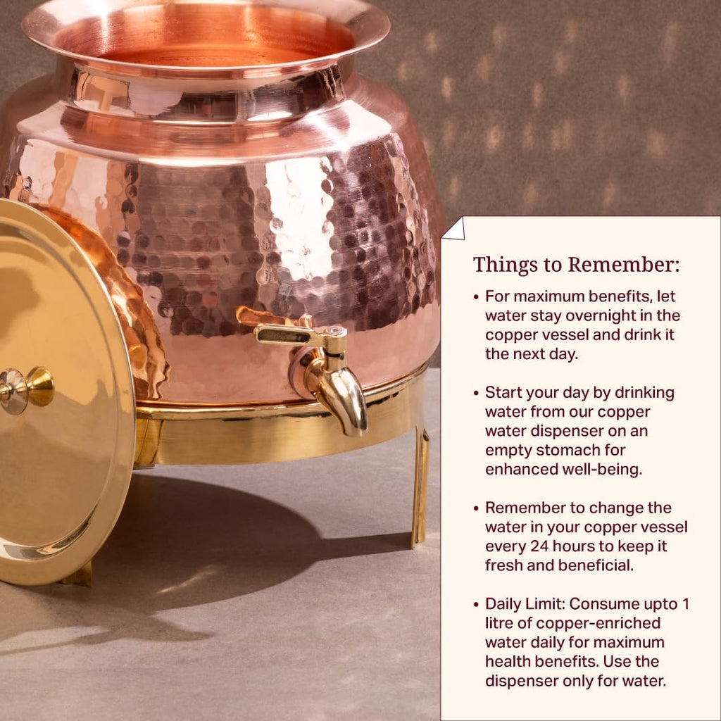 P•TAL Copper Water Dispenser Set with Gift Box | 100% Pure Copper Pot/Matka with Prefitted Leakproof Brass Tap, Lid and Stand (10L)