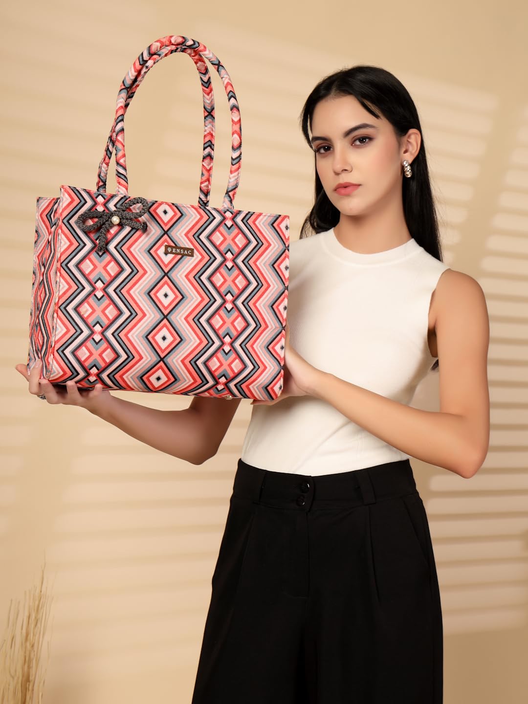 ENSAC Ethnic Tote Bag for Women & Girls | Large Canvas Shoulder Bag, Stylish Designer Handbag, Ethnic Pattern, Spacious, Lightweight, Perfect for Office, College & Shopping
