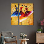 VIBECRAFTS Dancing Women Warli Art 3 Pieces Canvas Wall Painting Fitted With Wooden Frame For Home | Office | Living Room | Gifts (PTVC3Pcs1_9524)