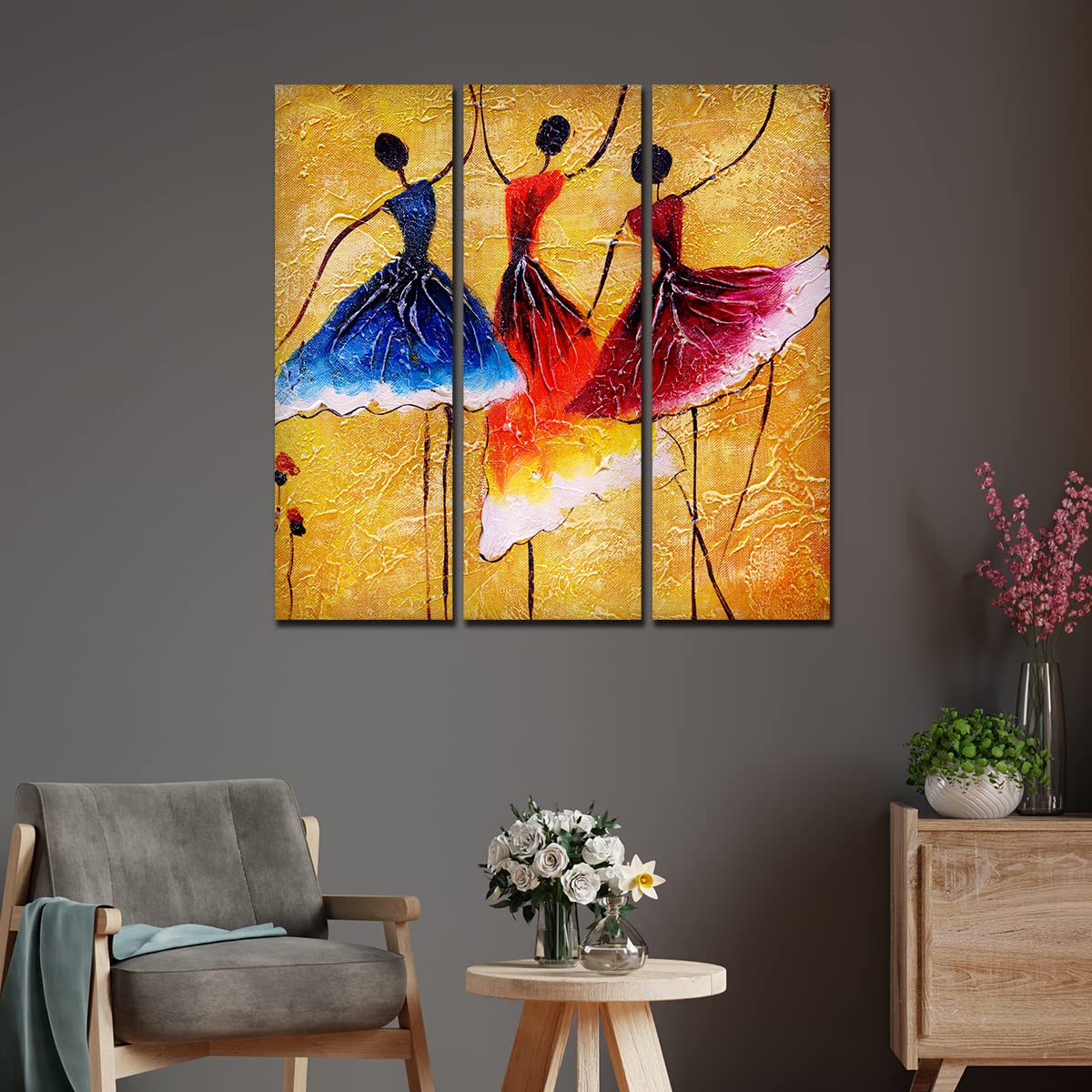 VIBECRAFTS Dancing Women Warli Art 3 Pieces Canvas Wall Painting Fitted With Wooden Frame For Home | Office | Living Room | Gifts (PTVC3Pcs1_9524)