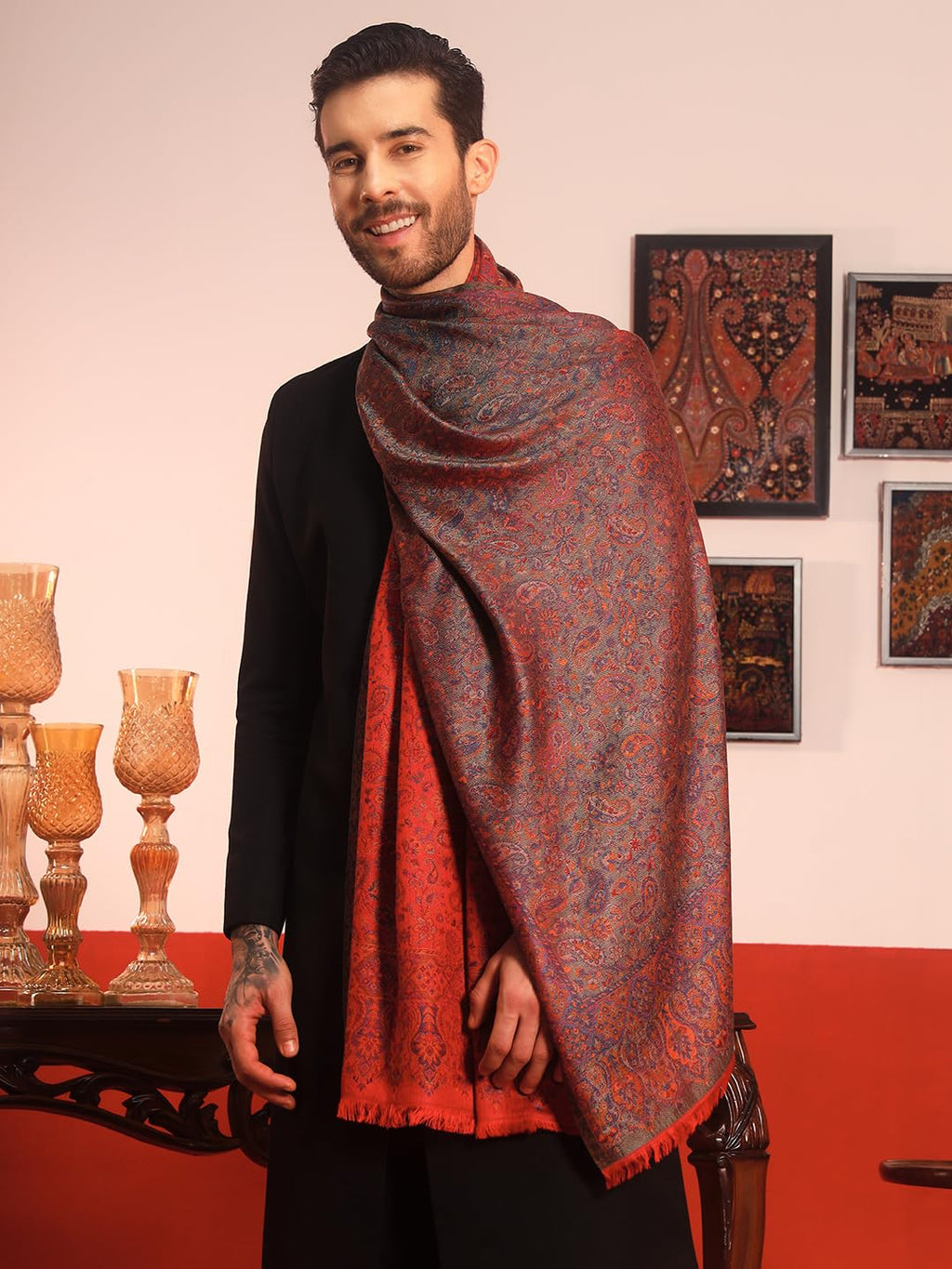 Pashmoda Men Chandni Kaani Stole, Authentic Kashmiri Luxury Pashmina Style Shawl, Stole, Small Size Gents Lohi, (Size 28x80 Inches,Maroon Color) MAVST07