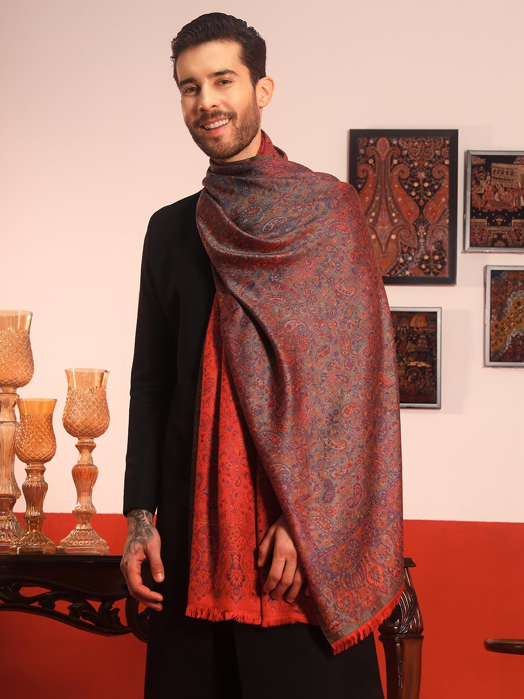Pashmoda Men Chandni Kaani Stole, Authentic Kashmiri Luxury Pashmina Style Shawl, Stole, Small Size Gents Lohi, (Size 28x80 Inches,Maroon Color) MAVST07