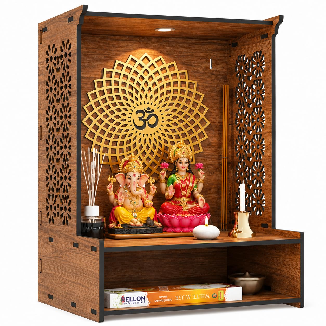 Fliptic Wooden Temple for Home with LED Spotlight | Wall Mounted Pooja Mandir for Home & Office | Decorative Wooden Mandir with Elegant Design for Living Room, Prayer Room & Home Temple Décor