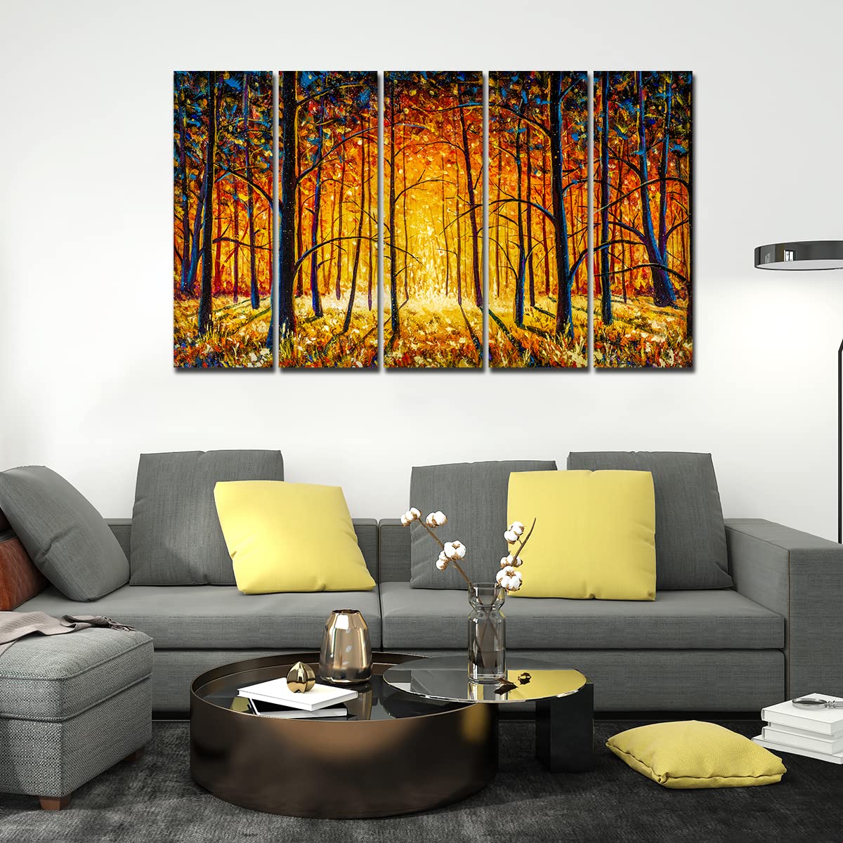VIBECRAFTS Beautiful Tree Forest In Sunset 5 Pieces Canvas Wall Painting For Home | Office | Living Room | Gift (PTVC5Pcs4_8504)