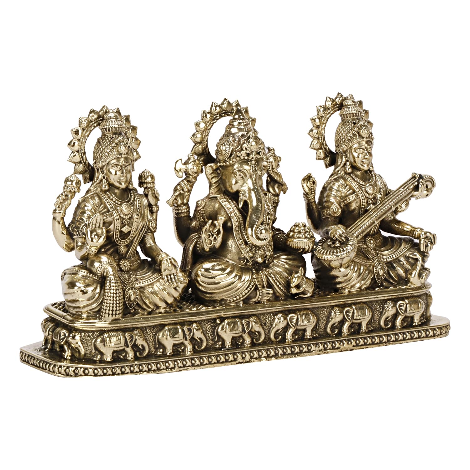 ARTVARKO Brass Laxmi Ganesha Saraswati Idol Lakshmi Ganesh Sarasvati Murti Statue Pooja Gift and Home Décor (Small Size 13.5x3x7 cm, 275 Gram)