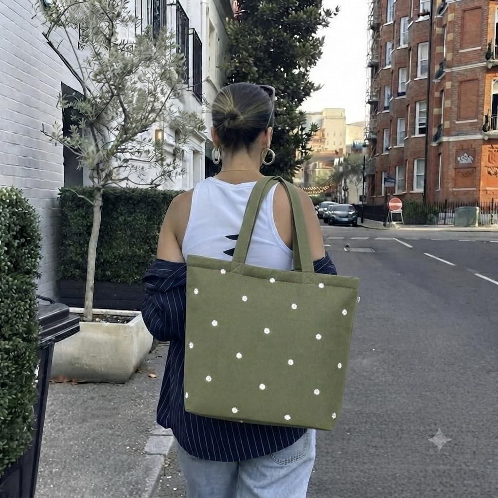 MASQ Premium ToteBag for Women with Zipper | Embroidered Foldable Shoulder Bag with Multiple Pockets | Spacious Handbag for College & Office | Eco-Friendly & Reusable (AP_TB_Olive_Daisy_01)