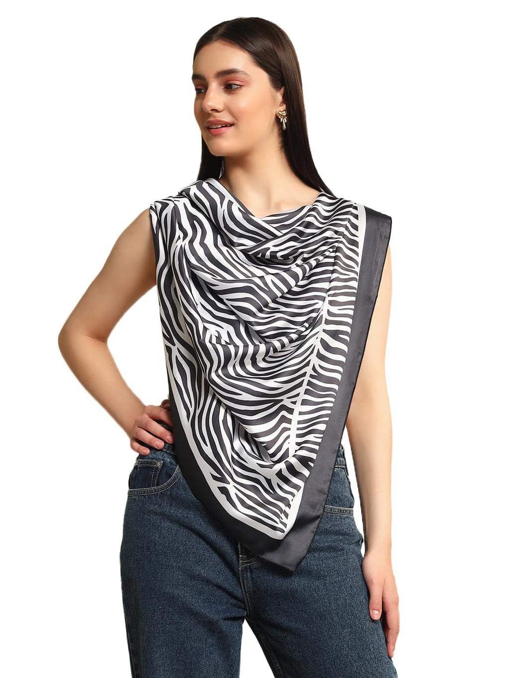 Ravaiyaa - Attitude is everything Women's Crepe Silk Digital Print Large Square Scarf Breathable Lightweight Neckerchief Printed Headscarf 40 x 40 Inch (Black & White Zebra)