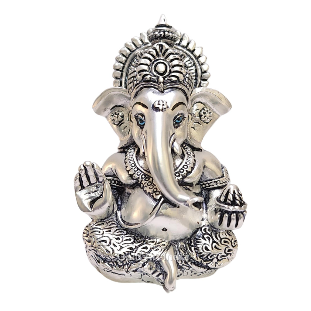 Gold Art India 999 Matte Silver Plated Antique Mukut Ganesha - 3.5 - Perfect for Gifting, Home Decor, Car Dashboard Murti Ganpati Idol for Home Decor Puja Statue Gift for Office Desk Puja Room, God