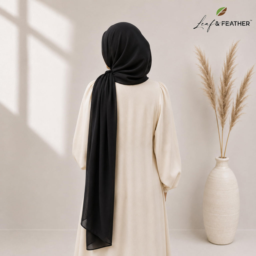 Leaf & FEATHER™ Chiffon Georgette Hijab Scarf for Women | 170 x 70 cm | Lightweight & Breathable Shawl | Daily Wear & Occasion (Black)