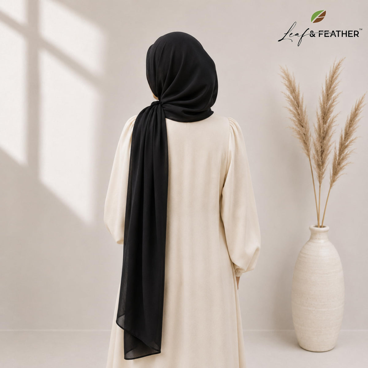 Leaf & FEATHER™ Chiffon Georgette Hijab Scarf for Women | 170 x 70 cm | Lightweight & Breathable Shawl | Daily Wear & Occasion (Black)