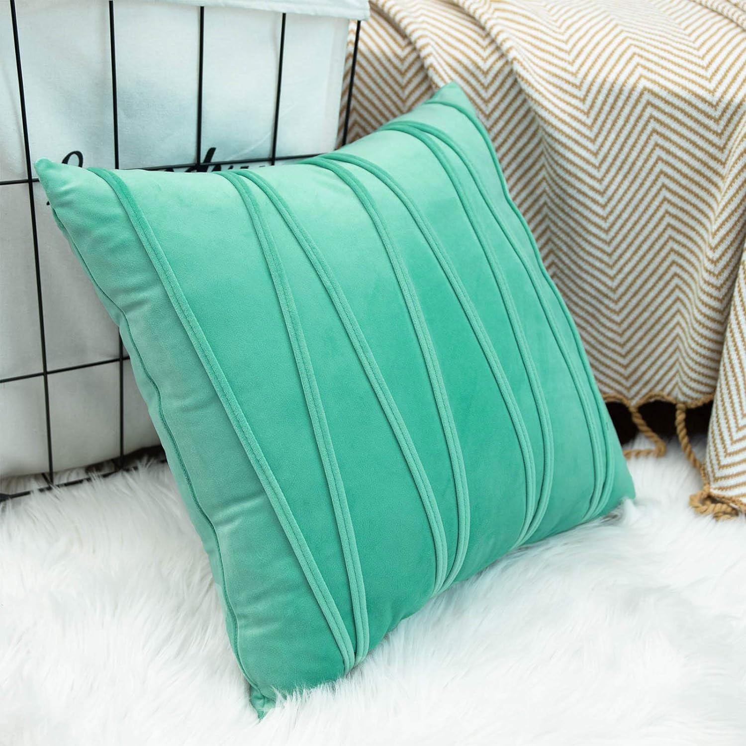 Khooti Velvet Striped Cushion Cover Pack of 1-30X30/76X76 Cm | Teal Green | Soft Pillow Covers Cushion Case for Sofa Bedroom Living Room Chair Car, Cushion Cover with Zig Zag Pattern