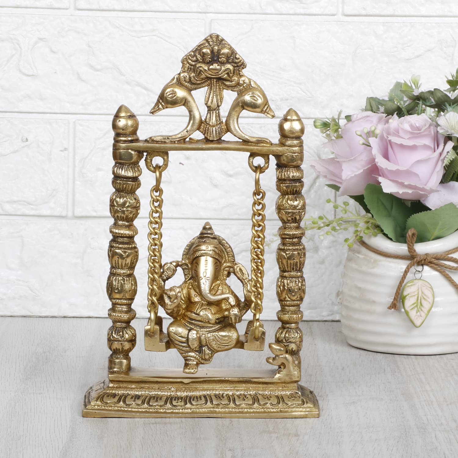 Svarup Brass Ganesha On Jhoola Swing Ganpati Showpiece Handcrafted Brass Ganesh Statue 9 Inch