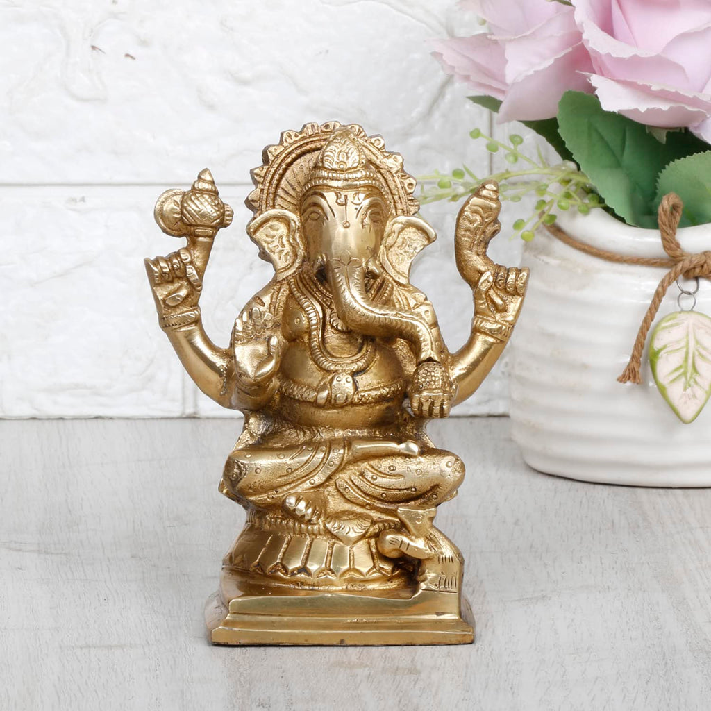 SVARUP Brass Ganesh Bhagwan Idol Sitting Ganesha Statue Ganpati Puja Murti for Home Entrance Decor Diwali Gift 5 Inch