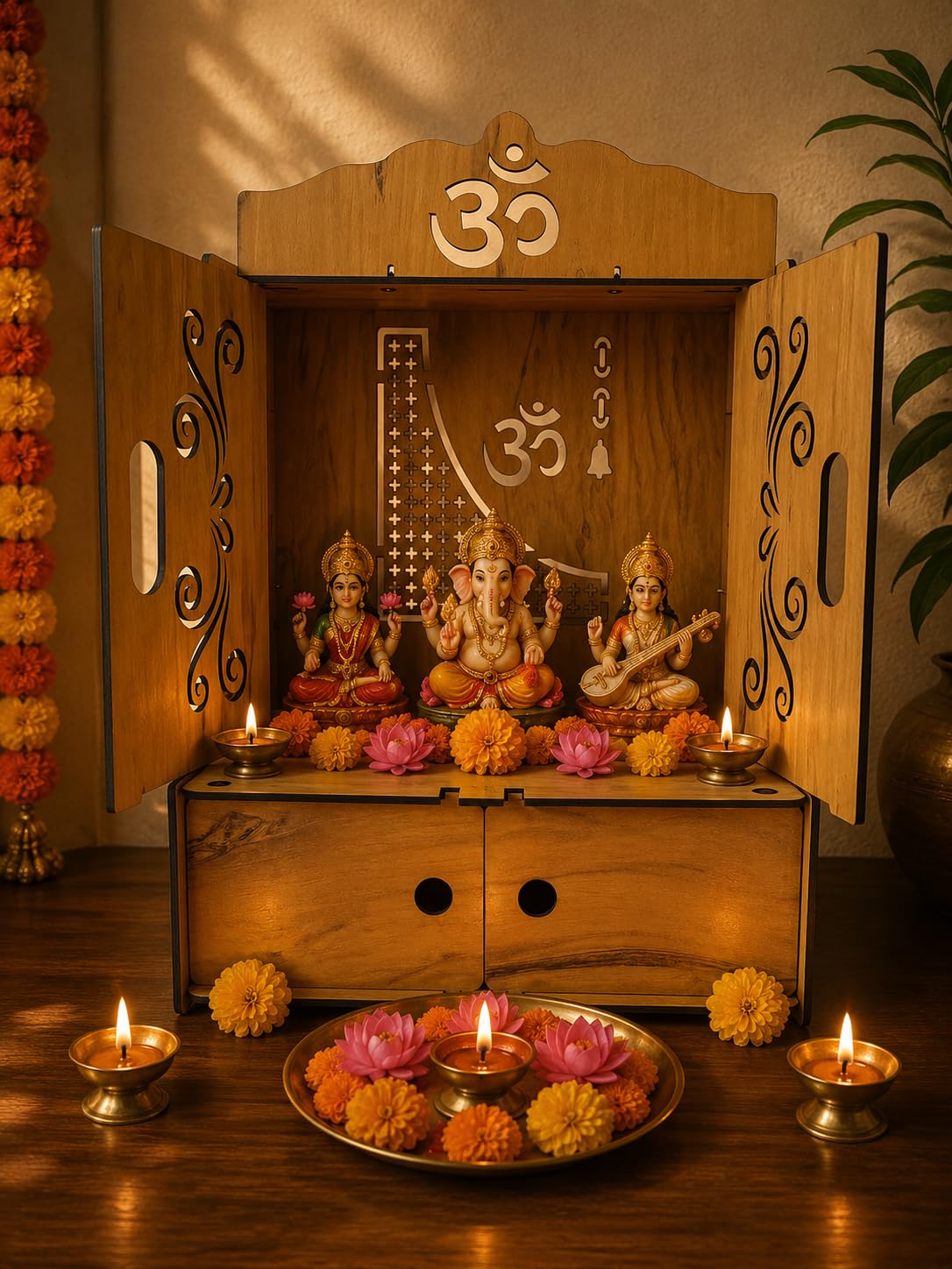EXPRO Wooden Pooja Mandir with OMWITHPLUS Cut Decorative with Door Engineered Wood Home Temple