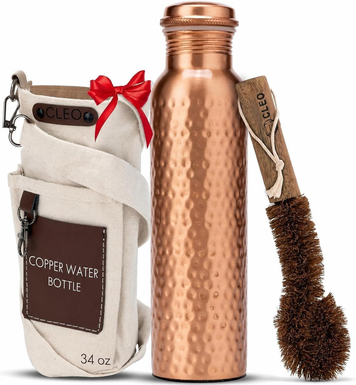 AVA DESIGNZ CLEO HOME (32 Oz/950 ml) Handcrafted Hammered-100% Ayurvedic Copper Water Bottle with Cleaning Brush and Canvas Bag | Lab-Tested, Leak-Proof Bottle