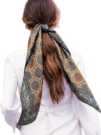 leeza store Women's Golden Yellow Silk Scarf For Women | 40x40 Inch Digital Printed Persian Mughal Hexagon Pattern | Soft & Elegant Square Wrap | Stylish Head, Neck & Hair Scarf