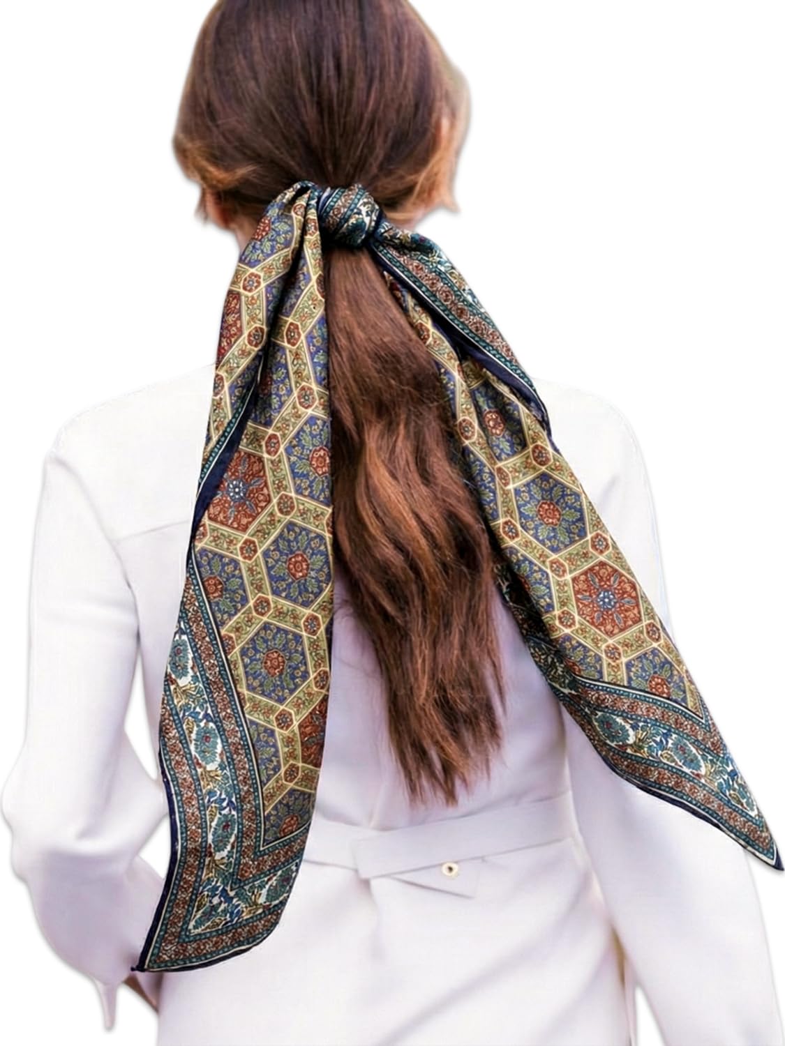 leeza store Women's Golden Yellow Silk Scarf For Women | 40x40 Inch Digital Printed Persian Mughal Hexagon Pattern | Soft & Elegant Square Wrap | Stylish Head, Neck & Hair Scarf