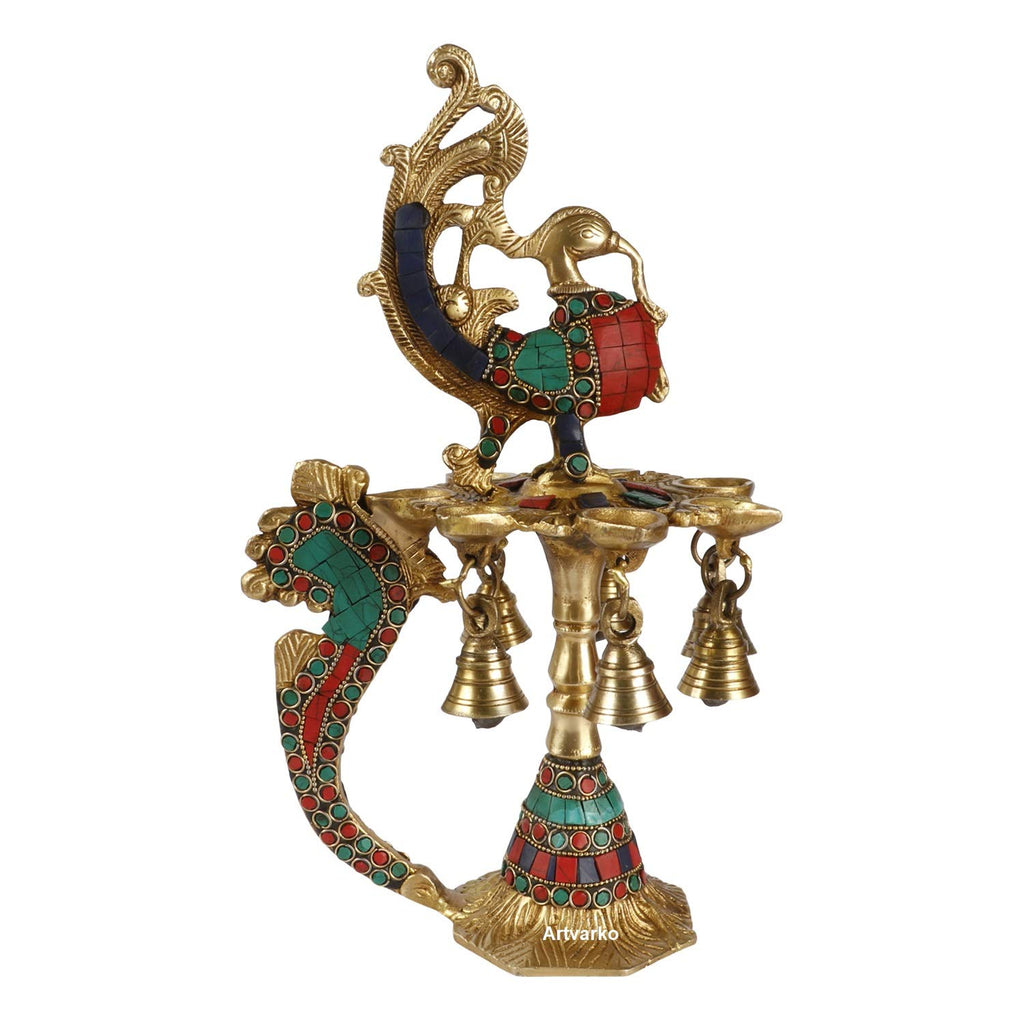 Artvarko 1 Feet Large Brass Peacock Design Multi Oil Wick Diya Lamp Pooja Home Decor Showpieces Diwali Gift.