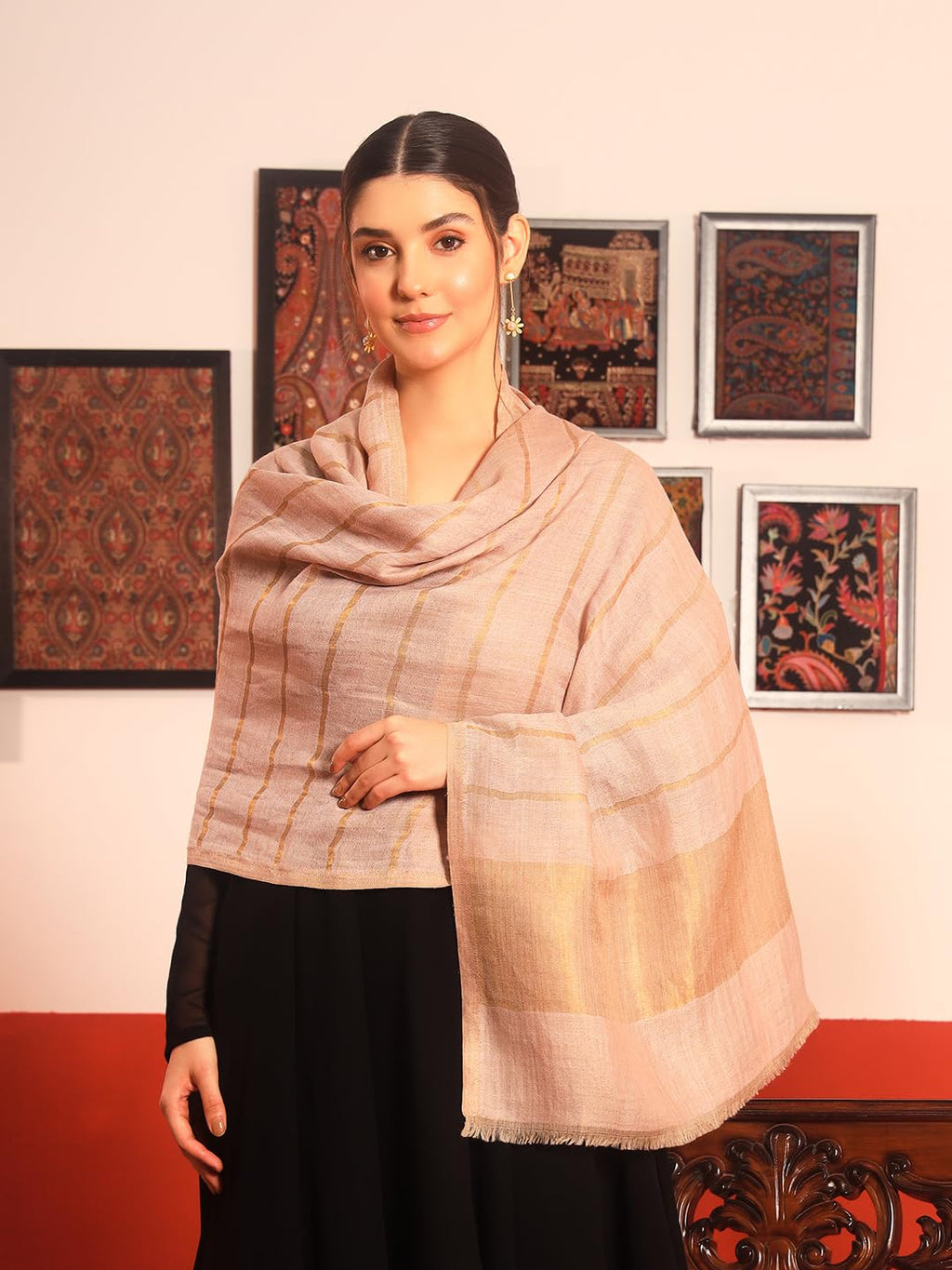Pashmoda Women Parallel Grace Reversible Zari Moonlight Fine Wool Stole (Size : 28x80in, 71X203cm) ZSST06